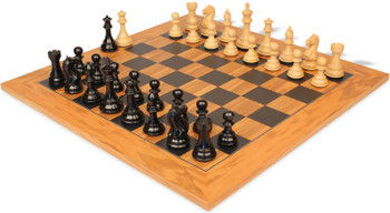 Image of ID 1269758833 Fierce Knight Staunton Chess Set Ebony & Boxwood Pieces with Deluxe Olive & Black Board - 4" King