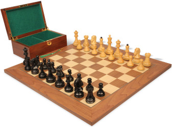 Image of ID 1277856651 Dubrovnik Series Chess Set Ebony & Boxwood Pieces with Walnut & Maple Deluxe Board & Box - 39" King