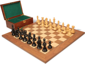 Image of ID 1277856652 Fierce Knight Staunton Chess Set Ebonized & Boxwood Pieces with Walnut & Maple Deluxe Board & Box - 4" King