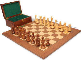 Image of ID 1277856655 Fierce Knight Staunton Chess Set Golden Rosewood & Boxwood Pieces with Walnut & Maple Deluxe Board & Box - 4" King