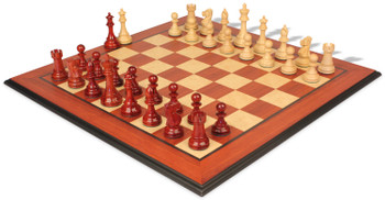 Image of ID 1280028129 British Staunton Chess Set Padauk & Boxwood Pieces with Padauk & Bird's Eye Maple Molded Edge Board- 4" King