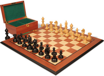 Image of ID 1281975663 Hallett Antique Reproduction Chess Set Ebony & Boxwood Pieces with Mahogany & Maple Molded Edge Board & Box - 4" King