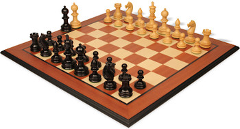Image of ID 1281975664 Hallett Antique Reproduction Chess Set Ebony & Boxwood Pieces with Mahogany & Maple Molded Edge Board - 4" King