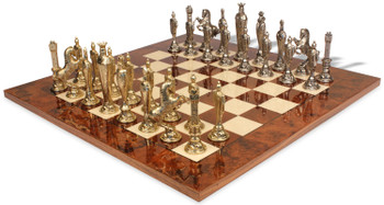 Image of ID 1282106017 Renaissance Theme Metal Chess Set with Walnut Burl Chess Board