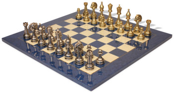 Image of ID 1282106031 Large Arabesque Classic Staunton Metal Chess Set with Blue Ash Burl Chess Board