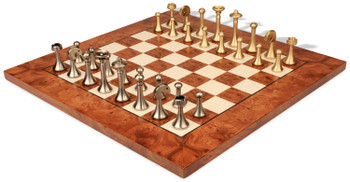 Image of ID 1282106052 Modern Solid Brass Chess Set with Elm Burl Chess Board
