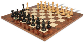 Image of ID 1282106054 New Exclusive Staunton Chess Set Ebony & Boxwood Pieces with Walnut Burl Chess Board - 4" King