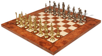 Image of ID 1282106058 Napoleon Theme Chess Set Brass & Nickel Pieces with Elm Burl Chess Board