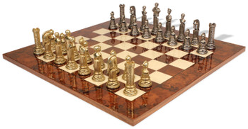 Image of ID 1282106061 Caesar Theme Metal Chess Set with Walnut Burl Chess Board