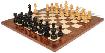 Image of ID 1282106100 Wellington Staunton Chess Set Ebony & Boxwood Pieces with Walnut Burl & Whitened Bird's Eye Maple Chess Board - 425" King