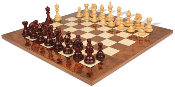 Image of ID 1282106103 Chetak Staunton Chess Set in Padauk & Boxwood with Walnut Burl Chess Board