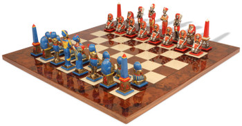 Image of ID 1282106105 Large Egyptian Theme Hand Pained Metal Chess Set  with Walnut Burl Chess Board