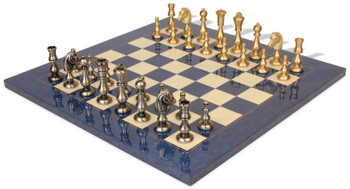 Image of ID 1282106110 Contemporary Staunton Solid Brass Chess Set with Blue Ash Burl & Erable High Gloss Chess Board
