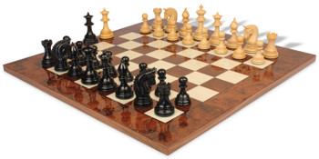 Image of ID 1282106120 Patton Staunton Chess Set Ebony & Boxwood Pieces with Walnut Burl & Maple Board - 425" King