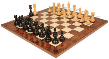 Image of ID 1282106128 Colombian Knight Staunton Chess Set Ebony & Boxwood Pieces with Walnut Burl & Erable Chess Board