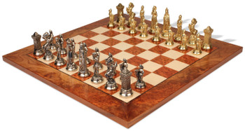 Image of ID 1282106138 Mary Stuart Queen of Scots Theme Metal Chess Set with Elm Burl Chess Board
