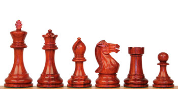 Image of ID 1283832650 Old English Classic Chess Set Padauk & Boxwood Pieces with Padauk & Bird's-Eye Maple Molded Edge Board- 39" King