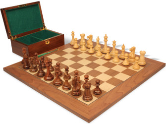 Image of ID 1285396710 New Exclusive Staunton Chess Set Golden Rosewood & Boxwood Pieces with Walnut & Maple Deluxe Board & Box - 4" King
