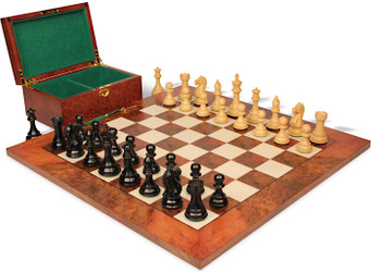 Image of ID 1286792848 Fierce Knight Staunton Chess Set Ebony & Boxwood Pieces with Elm Burl & Erable Board & Box - 4" King
