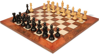 Image of ID 1286792849 Fierce Knight Staunton Chess Set Ebony & Boxwood Pieces with Elm Burl & Erable Board - 4" King