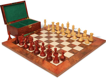 Image of ID 1287148122 Old English Classic Chess Set Padauk & Boxwood Pieces with Elm Burl & Erable Board & Box - 39" King