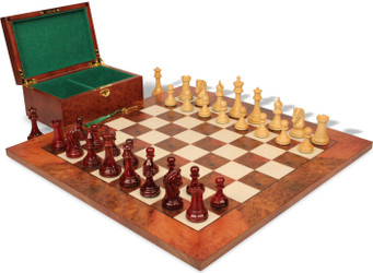 Image of ID 1287148123 Imperial Staunton Chess Set Padauk & Boxwood Pieces with Elm Burl & Erable Board & Box - 375" King