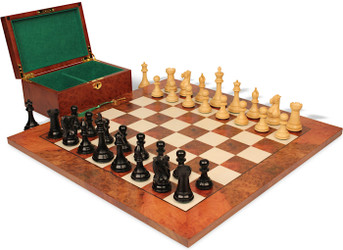 Image of ID 1287148124 New Exclusive Staunton Chess Set Ebony & Boxwood Pieces with Elm Burl & Erable Board & Box - 4" King