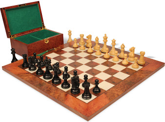 Image of ID 1287148129 Old English Classic Chess Set Ebony & Boxwood Pieces with Elm Burl & Erable Board & Box - 39" King