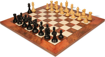 Image of ID 1287676512 Old English Classic Chess Set Ebony & Boxwood Pieces with Elm Burl & Erable Board - 39" King