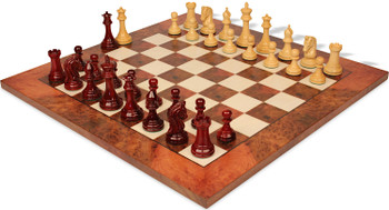 Image of ID 1287676513 Imperial Staunton Chess Set Padauk & Boxwood Pieces with Elm Burl & Erable Board - 375" King