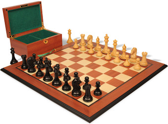 Image of ID 1302922914 The Craftsman Series Chess Set Ebony & Boxwood Pieces with Mahogany & Maple Molded Edge Board & Box- 375" King