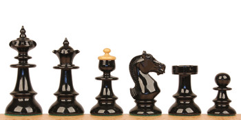 Image of ID 1302922917 Vienna Coffee House Antique Reproduction Chess Set High Gloss Black & Boxwood Pieces with Elm Burl & Erable Board & Box - 4" King