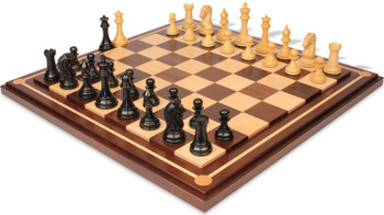 Image of ID 1302922953 The Craftsman Series Chess Set Ebony & Boxwood Pieces with Mission Craft Walnut & Maple Board - 375" King