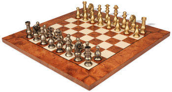 Image of ID 1305256799 Classic French Staunton Brass Chess Set with Elm Burl Chess Board
