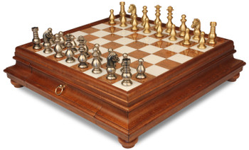 Image of ID 1305256800 Classic French Staunton Brass Chess Set with Tuscan Marble Chess Case