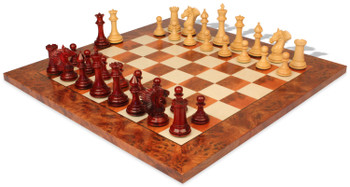 Image of ID 1305673482 Copenhagen Staunton Chess Set Padauk & Boxwood Pieces with Elm Burl Chess Board - 45" King