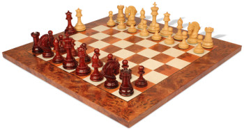 Image of ID 1310350208 Hengroen Staunton Chess Set Padauk & Boxwood Pieces with Elm Burl Chess Board - 46" King