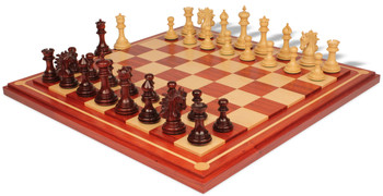 Image of ID 1315802478 Marengo Staunton Chess Set in Padauk & Boxwood with Padauk & Maple Mission Craft Chess Board
