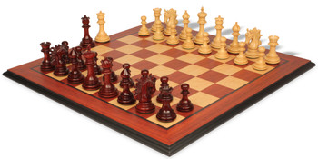 Image of ID 1315802479 Marengo Staunton Chess Set in Padauk & Boxwood with Padauk & Bird's-Eye Maple Molded Edge Chess Board