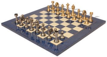 Image of ID 1319329488 Classic Persian Staunton Solid Brass Chess Set with Blue Ash Burl & Erable High Gloss Chess Board