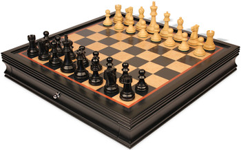 Image of ID 1320797679 Reykjavik Series Chess Set Ebony & Boxwood Pieces with Black & Bird's-Eye Maple Chess Case - 375" King