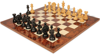 Image of ID 1329134587 Hengroen Staunton Chess Set Ebony & Boxwood Pieces with Walnut Burl Board - 46" King