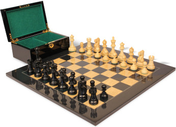 Image of ID 1329724914 Deluxe Old Club Staunton Chess Set Ebony & Boxwood Pieces with Black & Ash Burl Board & Box - 375" King
