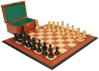 Image of ID 1329925043 Dubrovnik Staunton Chess Set Ebony & Boxwood Pieces with Mahogany Molded Edge Chess Board & Box - 39" King