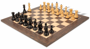 Image of ID 1329925047 Zagreb Series Chess Set Ebony & Boxwood Pieces with Tiger Ebony Deluxe Chess Board - 3875" King