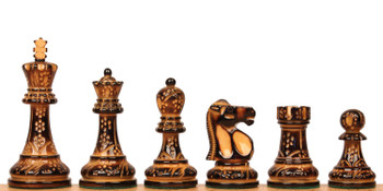 Image of ID 1329925049 Reykjavik Series Chess Set Burnt Boxwood Pieces with Black & Ash Burl Board - 375" King