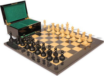 Image of ID 1337245920 Reykjavik Series Chess Set Ebonized & Boxwood Pieces with Black & Ash Burl Board & Box - 375" King