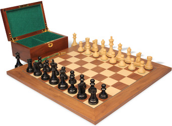 Image of ID 1337245924 Reykjavik Series Chess Set Ebony & Boxwood Pieces with Walnut & Maple Deluxe Board & Box - 375" King
