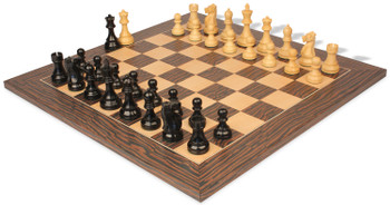 Image of ID 1340616346 Fischer-Spassky Commemorative Chess Set Ebony & Boxwood Pieces with Deluxe Tiger Ebony & Maple Board - 375" King