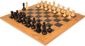 Image of ID 1340616351 Fischer-Spassky Commemorative Chess Set Ebony & Boxwood Pieces with Olive Wood & Black Board - 375" King